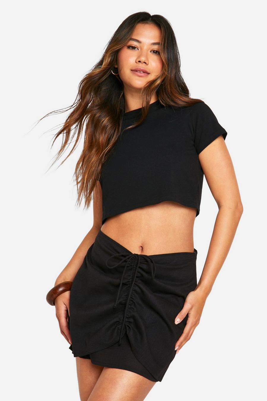 Black Cotton Ruched Side Mini Skirt 