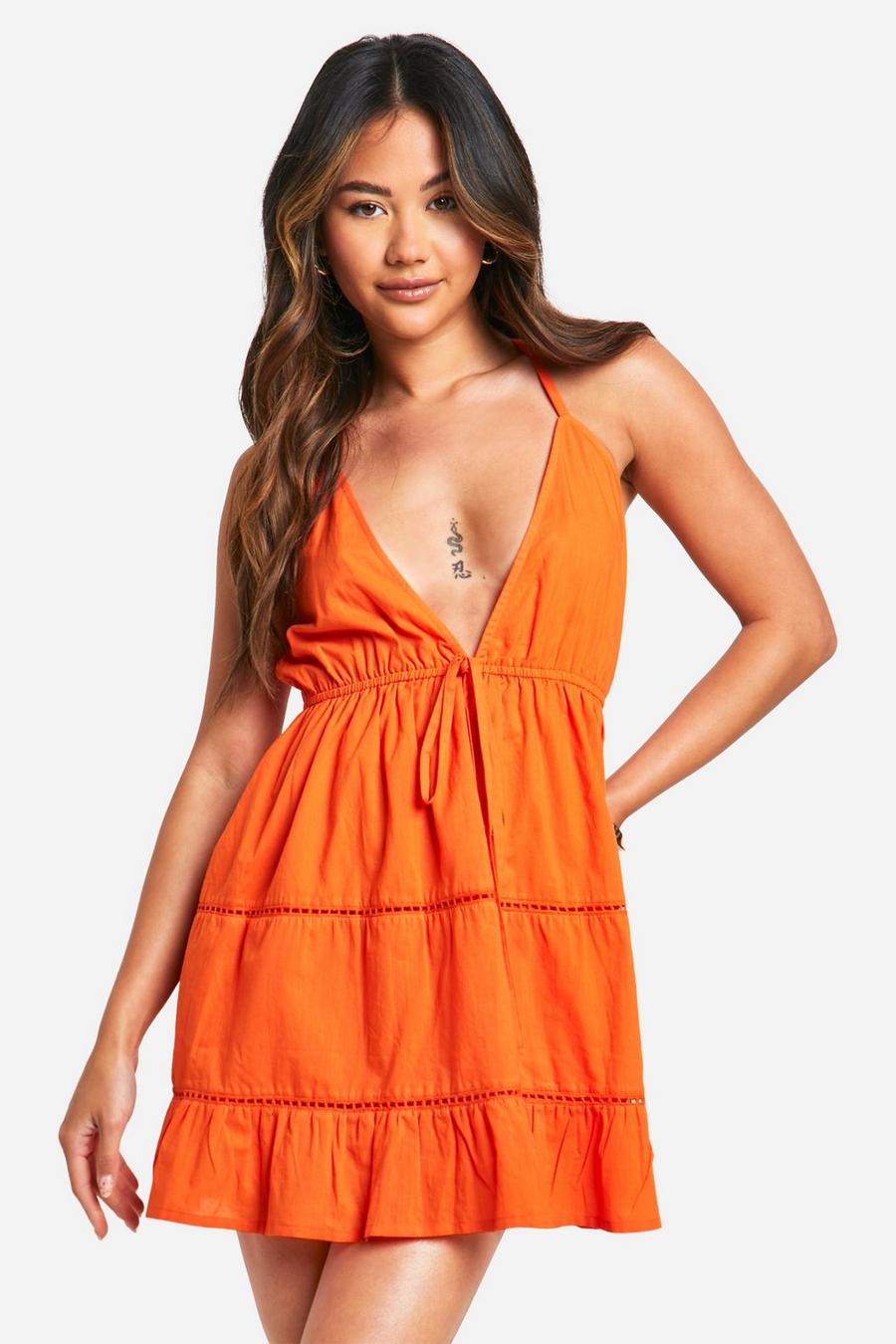 Orange Cotton Crochet Trim Mini Dress 