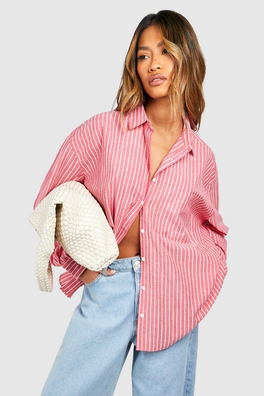 Red Oversized Pocket Detail Fine Stripe Shirt 