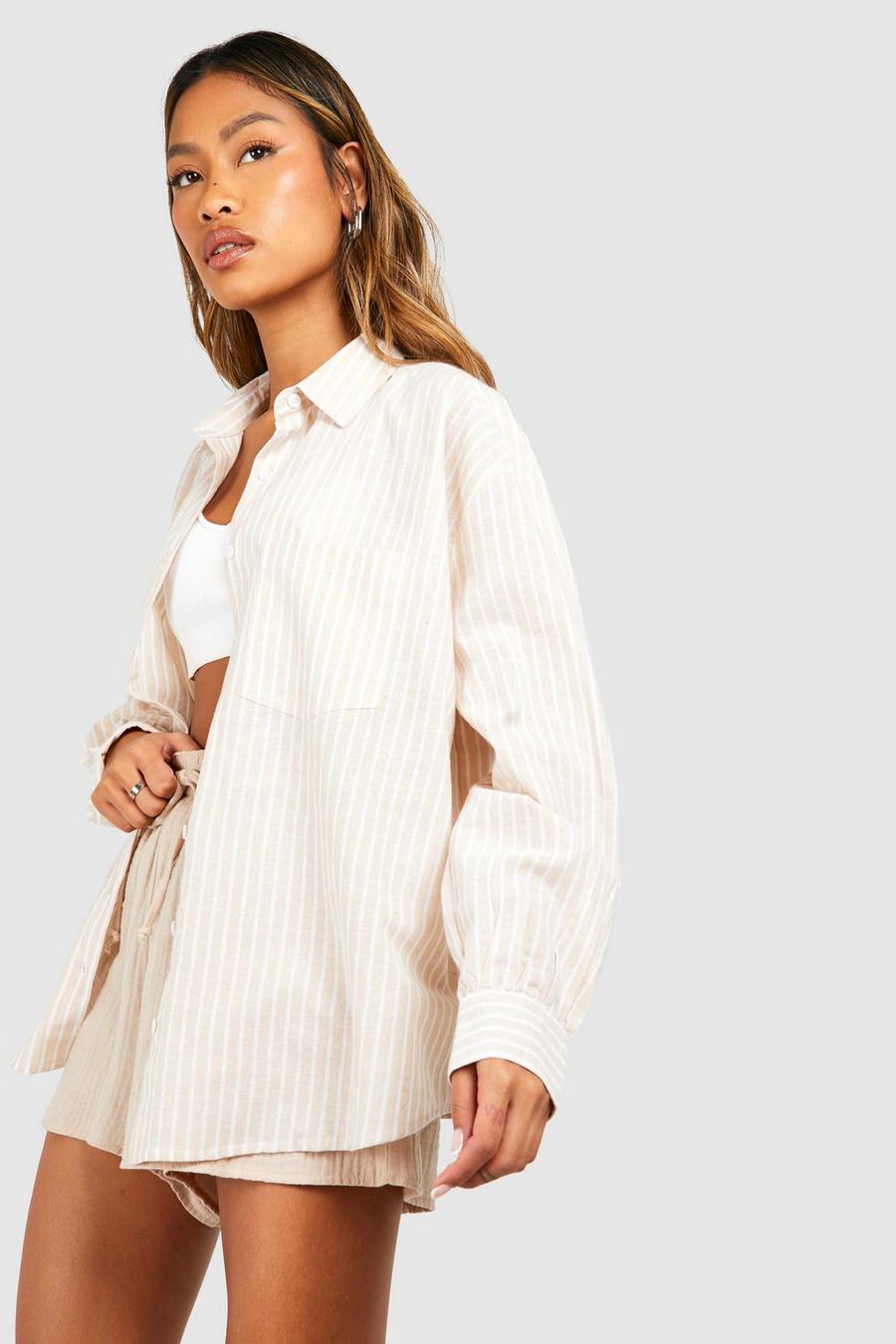 Oversized Pocket Detail Stripe Shirt, Camel
