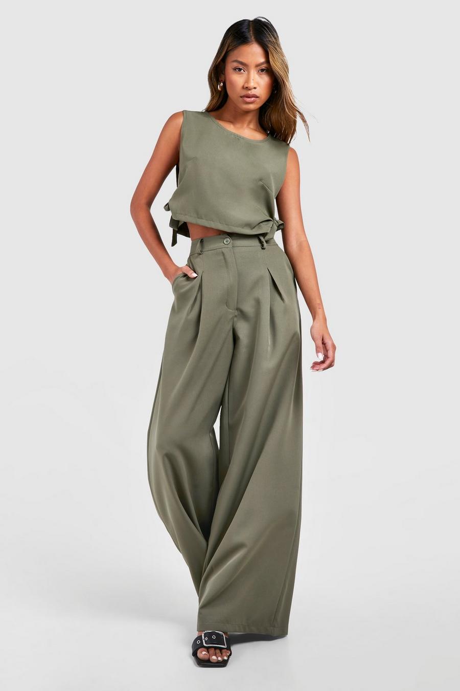 Khaki High Waisted Pleated Wide Leg Trouser image number 1