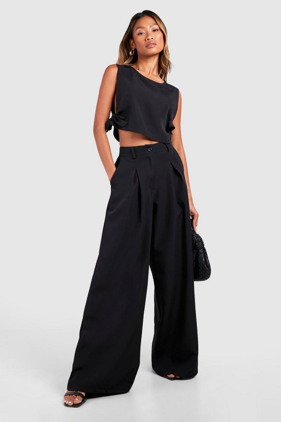Black High Waisted Pleated Wide Leg Pants image number 1
