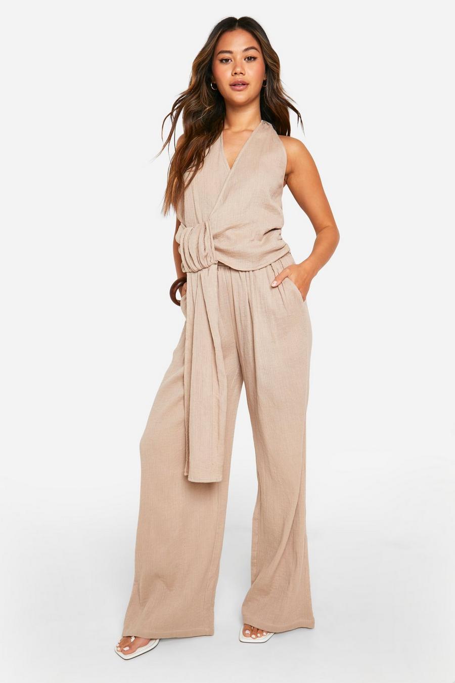 Taupe Cotton Wide Leg Pants