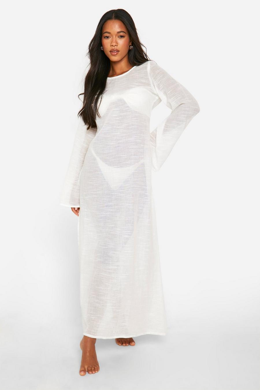 White Long Sleeve Thigh Split Maxi Beach Dress 