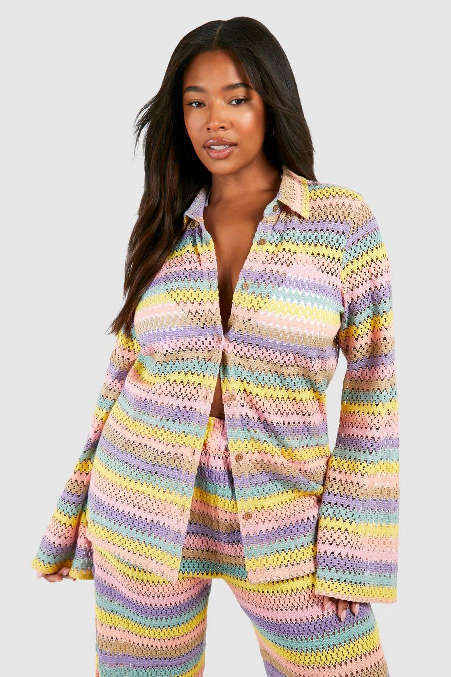 Camisa Plus para la playa de croché con rayas de arcoíris, Multi image number 1