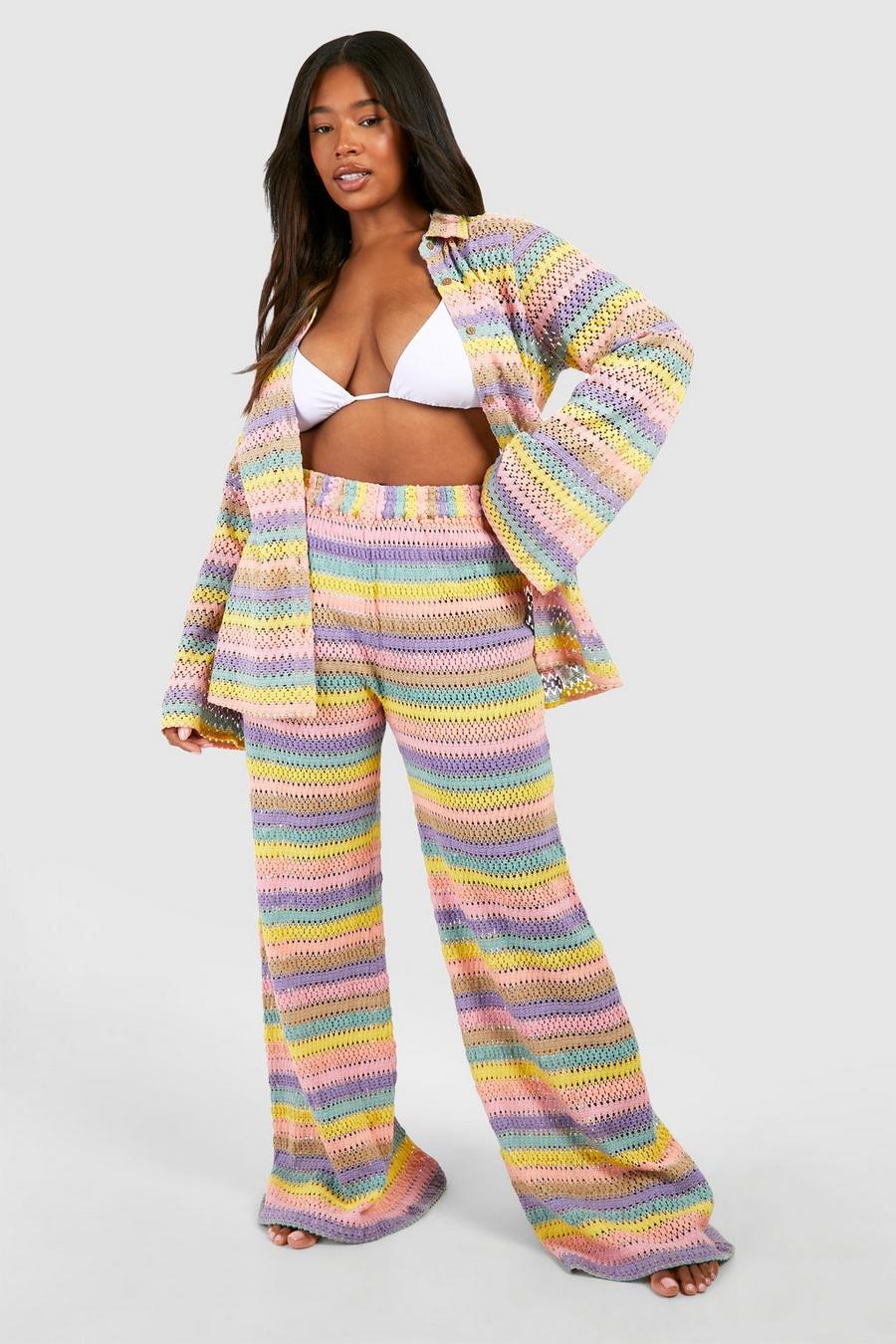 Multi Plus Rainbow Stripe Crochet Beach Pants image number 1