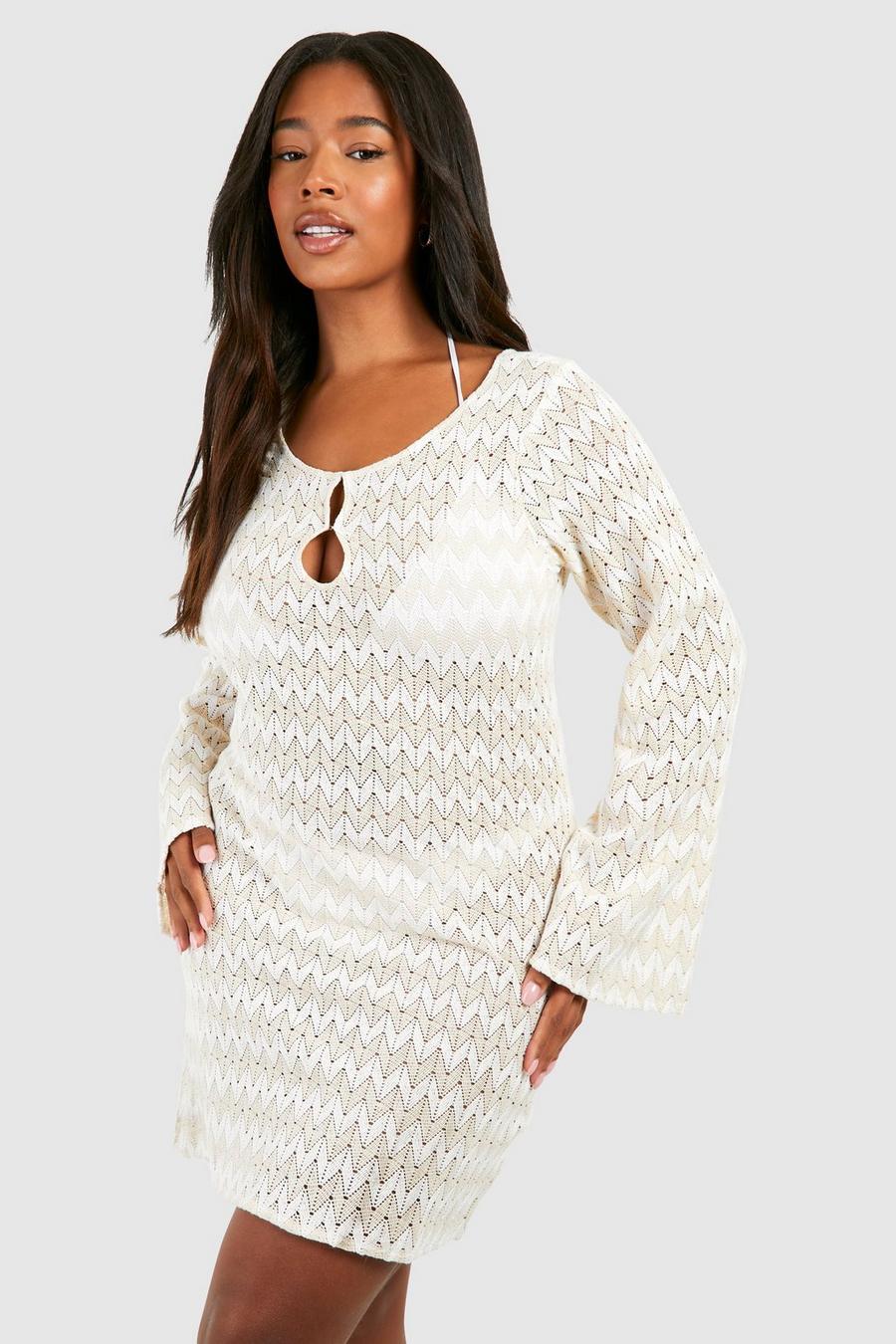 Plus Neutral Stripe Crochet Beach Dress