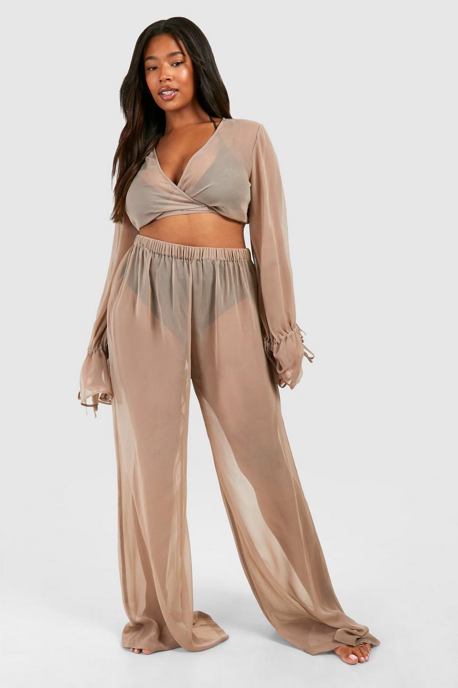 Taupe Plus Tie Crop Top And Beach Pants image number 1