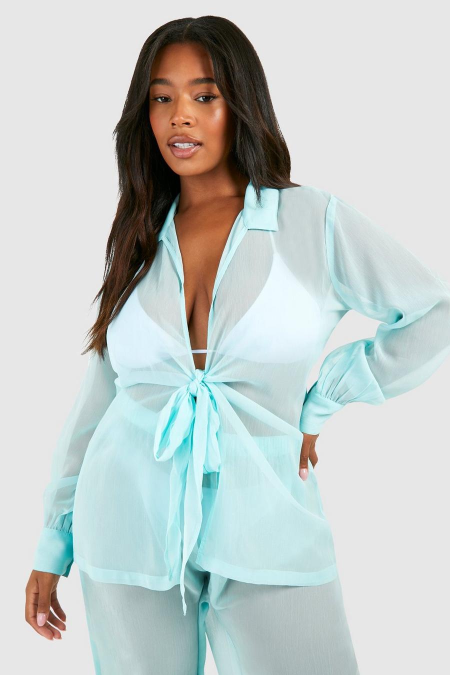 Camisa Plus para la playa con atadura, Turquoise image number 1