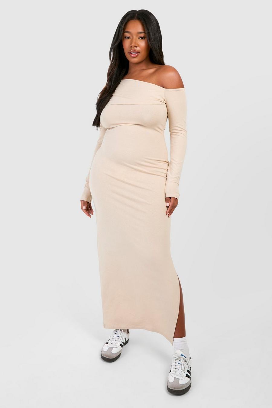 Stone Plus Ruched Off The Shoulder Long Sleeve Maxi Dress