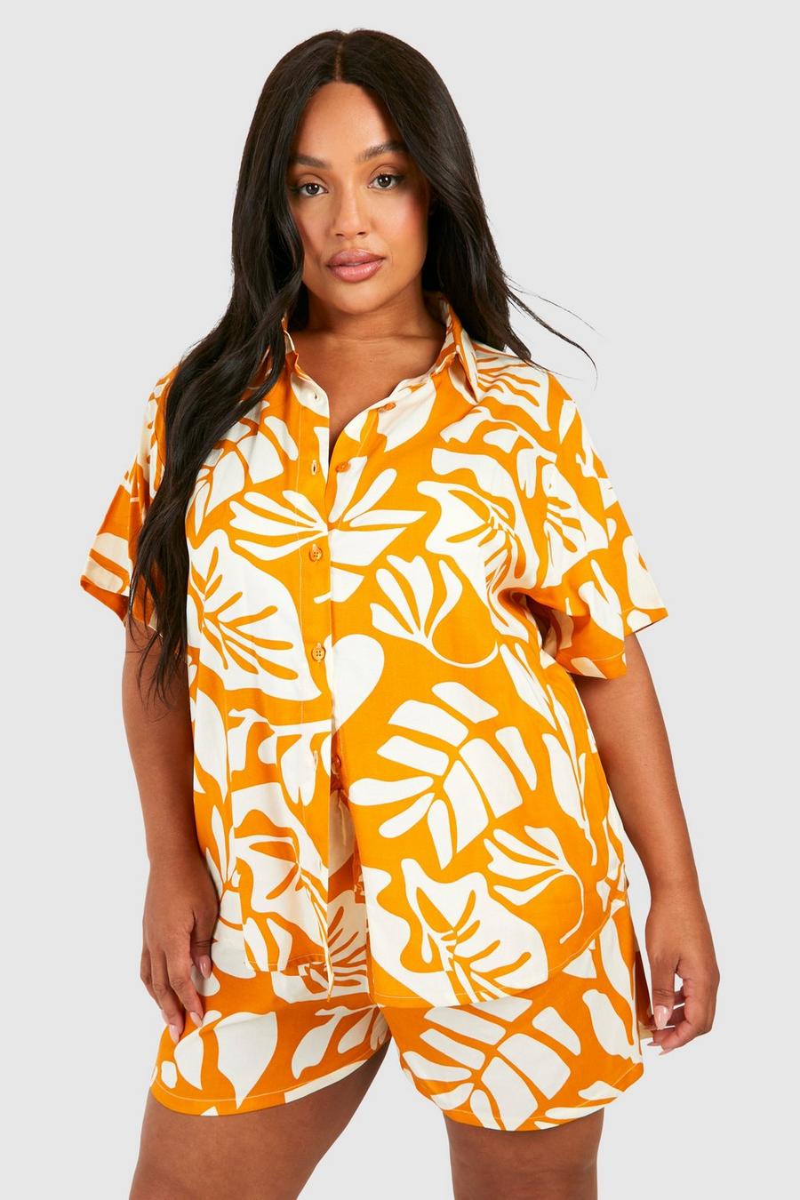 Set Plus Size camicia a maniche corte con stampa & pantaloncini coordinati, Orange