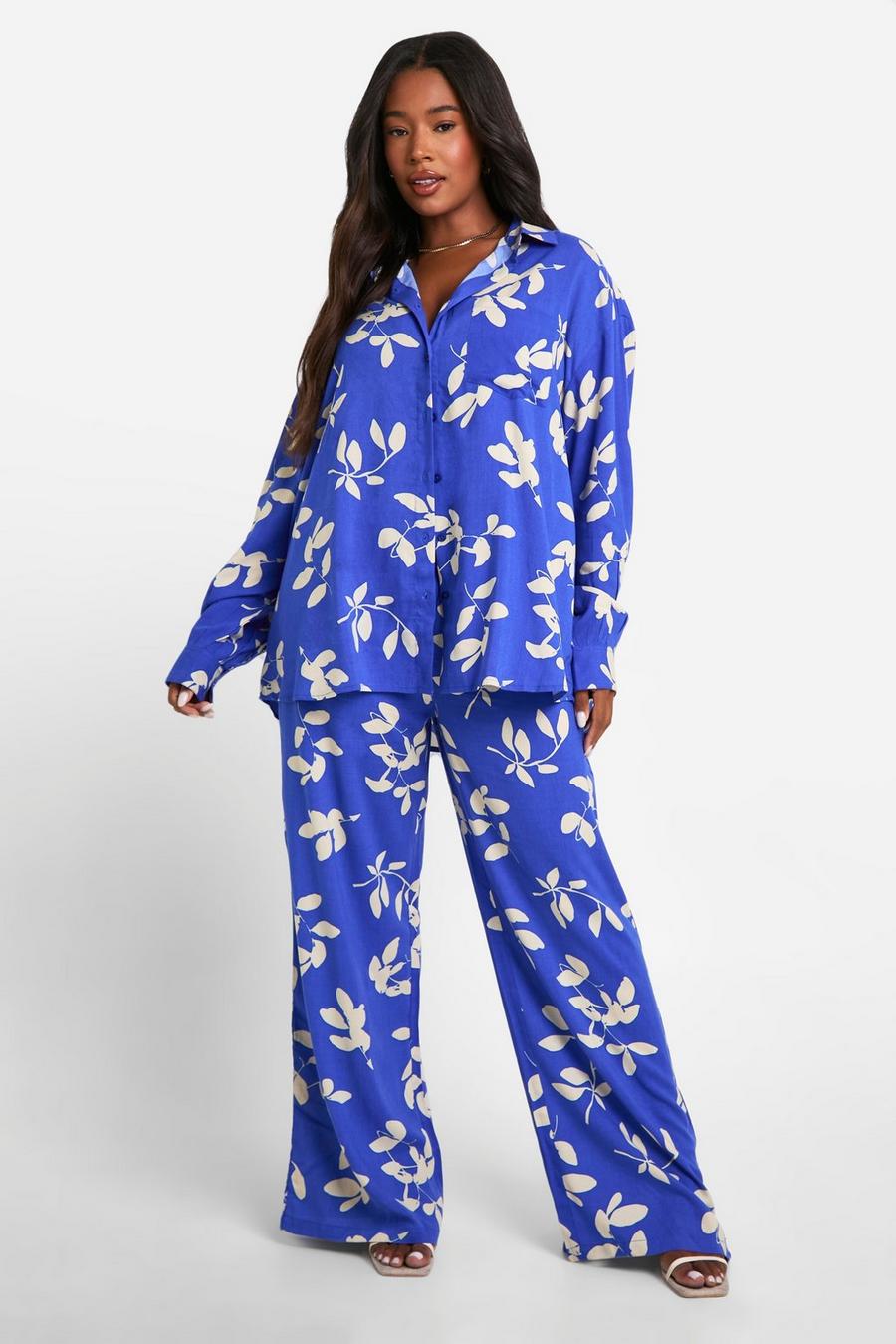 Blue Plus Large Floral Long Sleeve & Trouser Co Ord Set