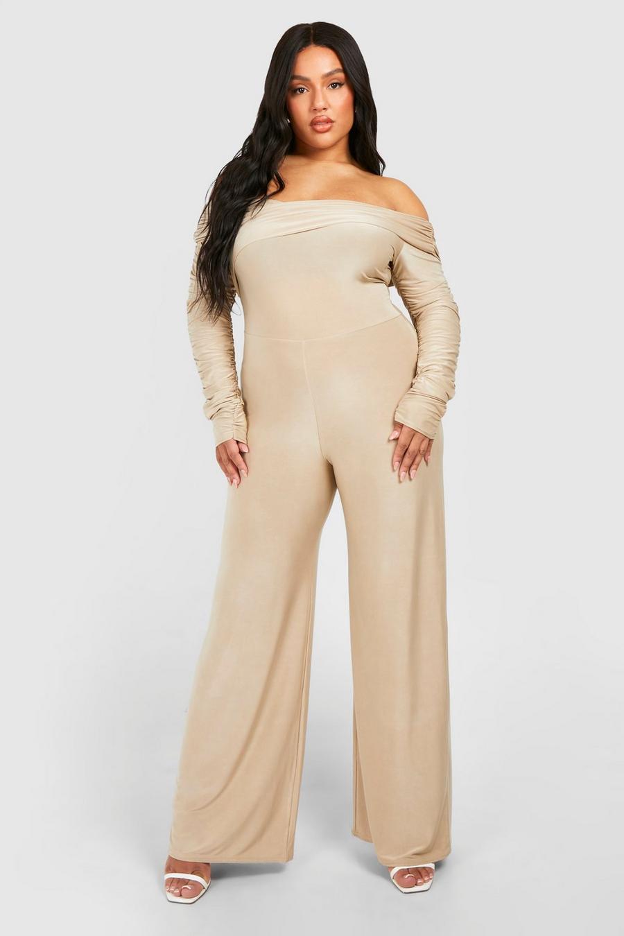 Stone Plus Double Slinky Off Shoulder Wide Leg Jumpsuit