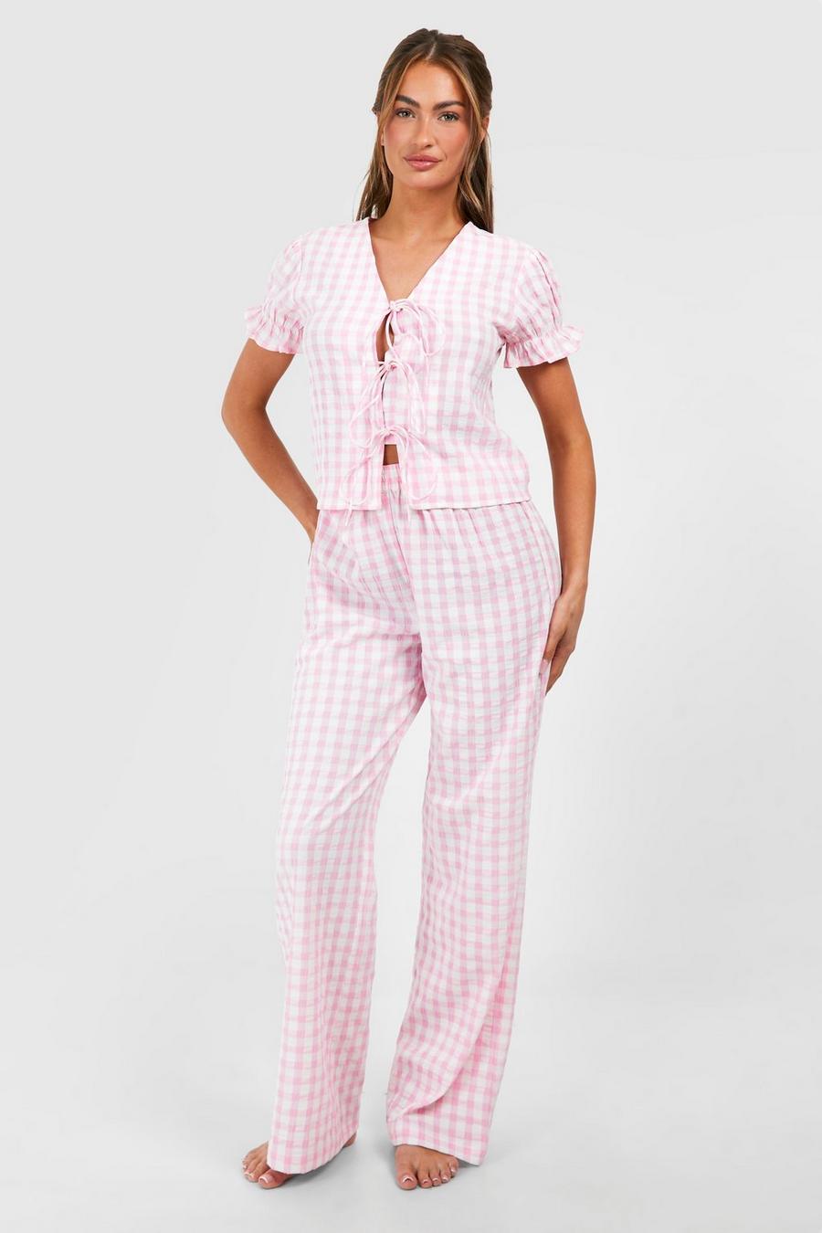 Gingham Pyjama-Set mit Zierknoten, Pink