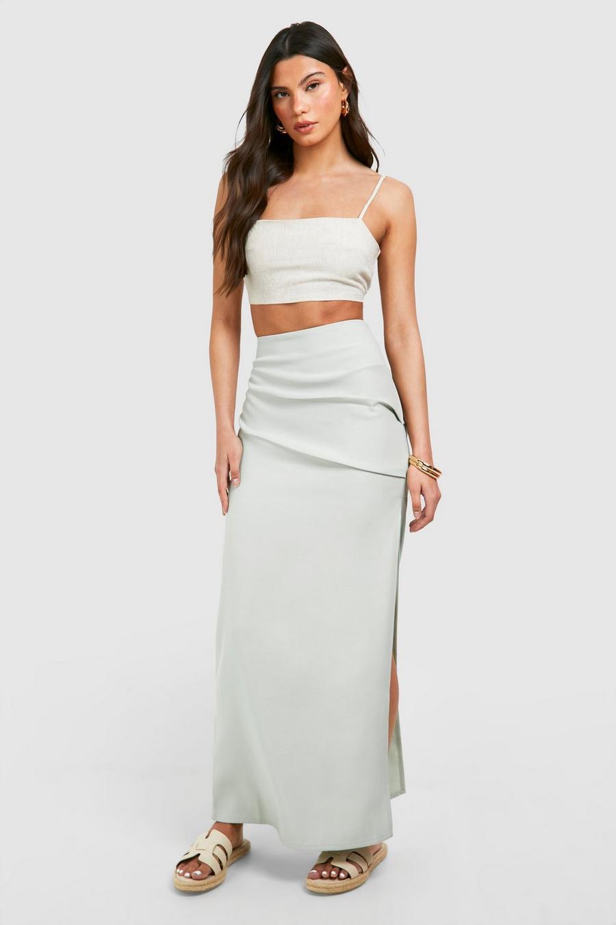 Sage Low Rise Ruched Maxi Skirt