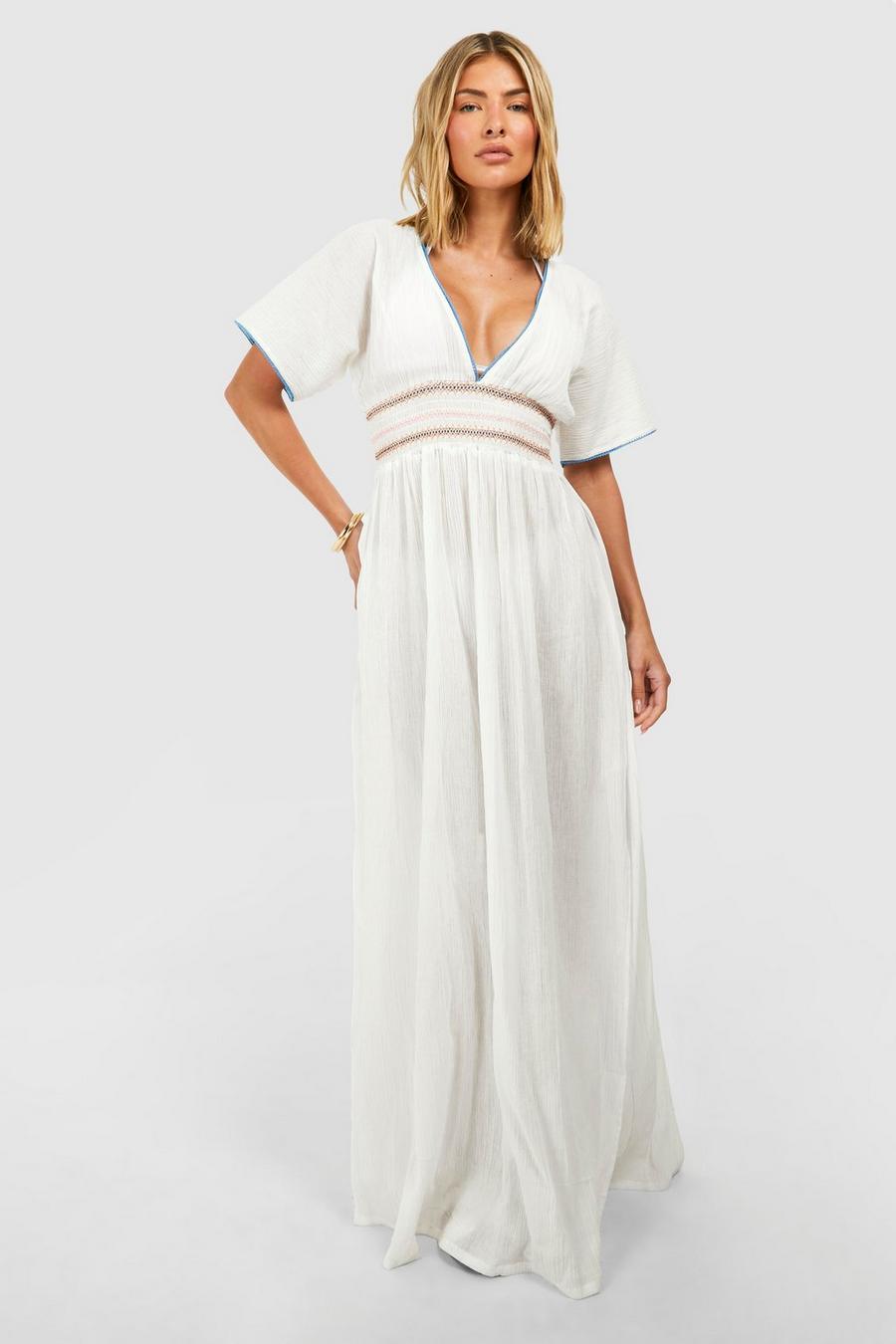 Ivory Embroidered Crinkle Beach Maxi Dress