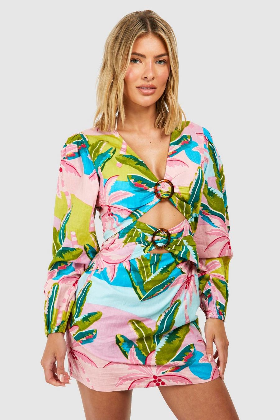 Tropical Linen Look O-rings Beach Mini Dress, Pink