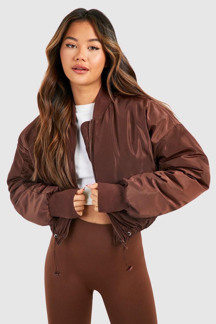Chocolate Toggle Detail Cropped Bomber Jacket  image number 1