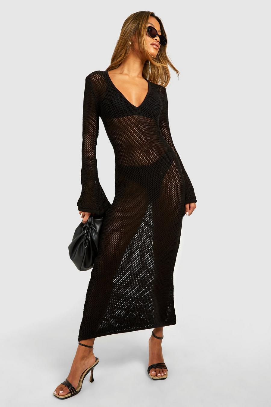 Black Crochet V Neck Maxi Dress 