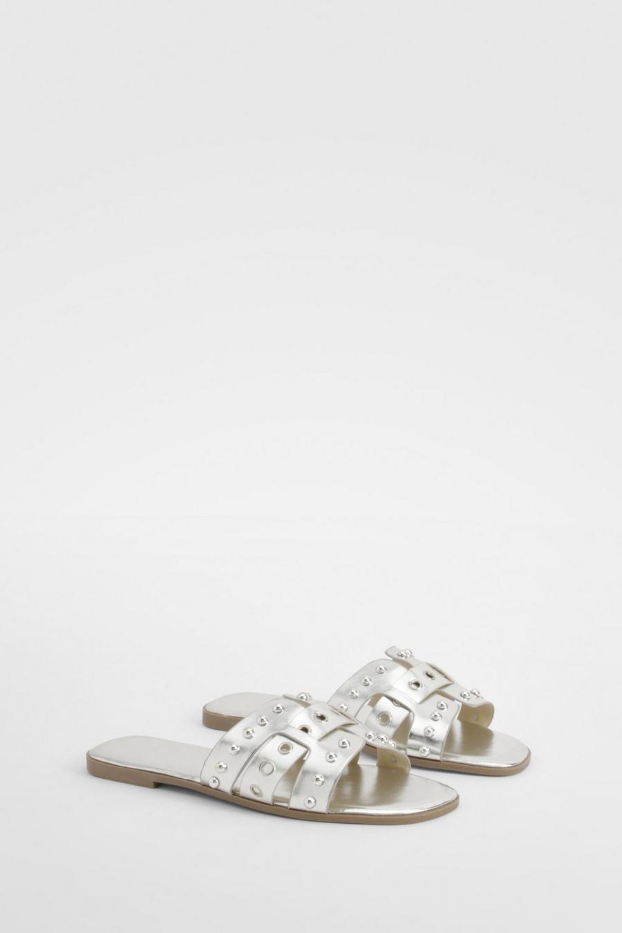 Silver Wide Fit Metallic Studded Woven Sandals  