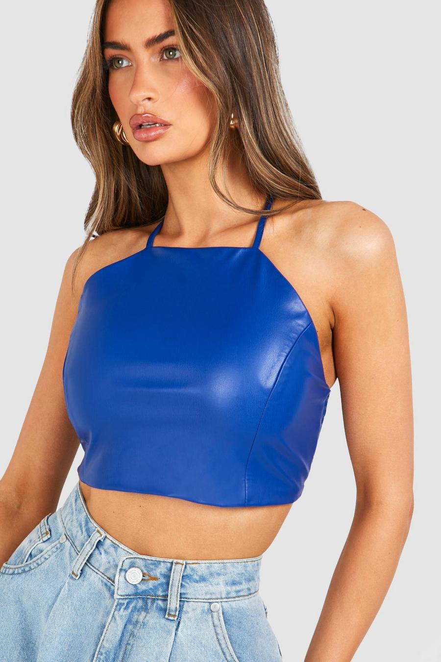 Blue Faux Leather Halter Top