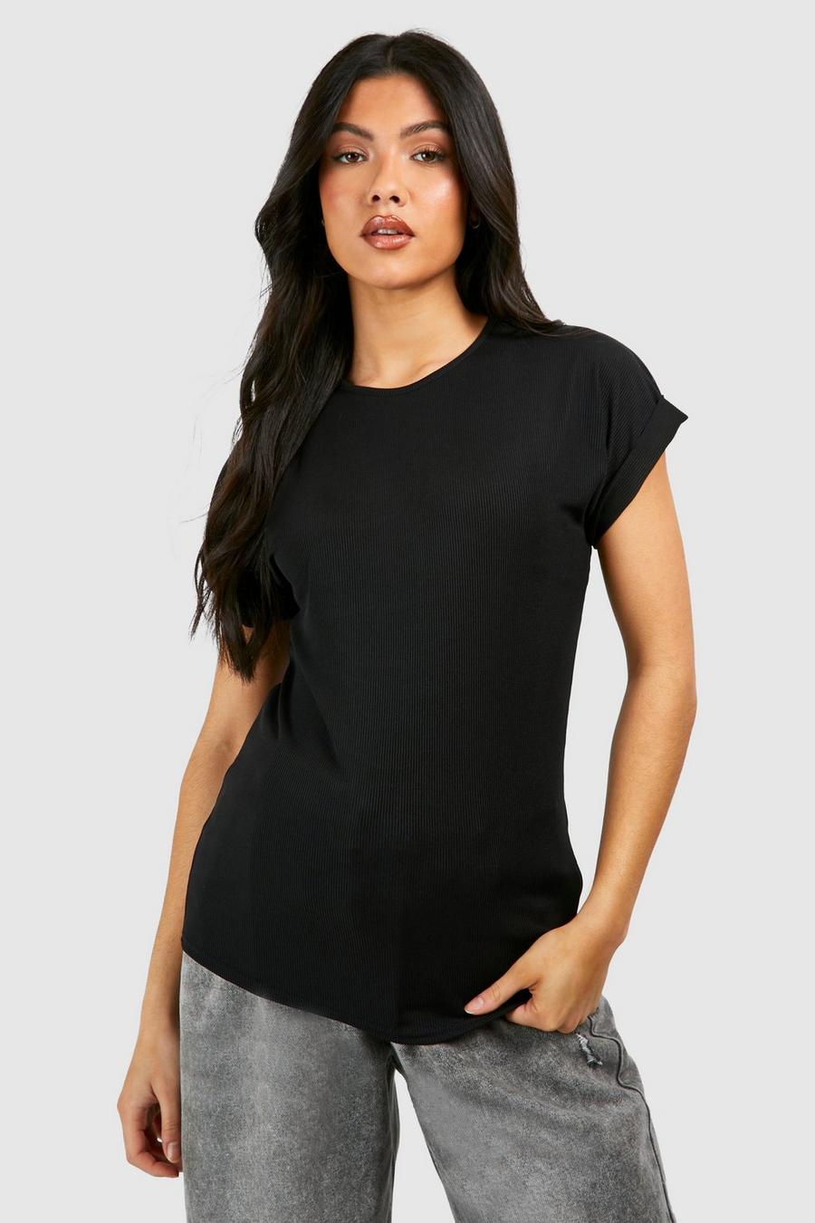 Black Zwangerschap Geribbeld T-Shirt Met Opgerolde Mouwen