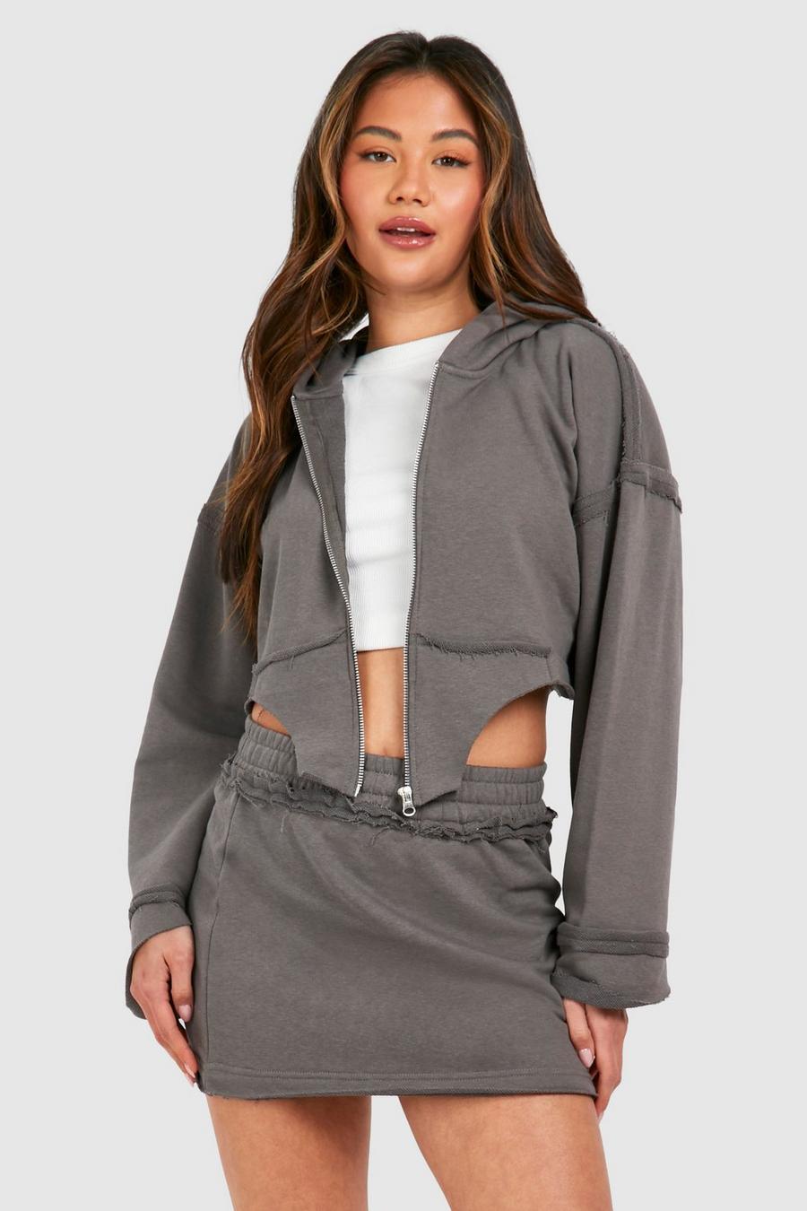 Charcoal Corset Hem Zip Through Hooded And Sweat Skirt Set