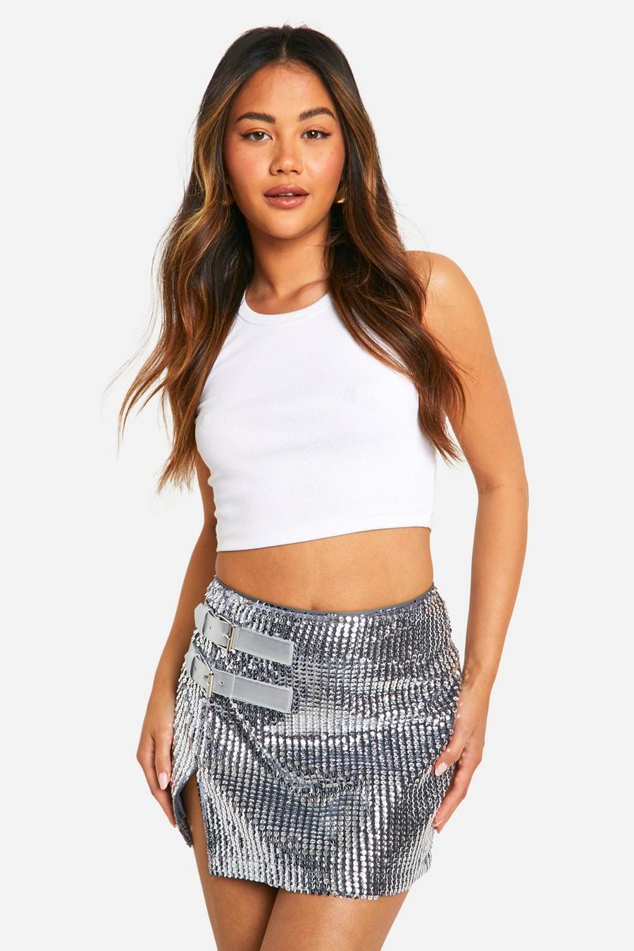 Silver Heavy Sequin Buckle Micro Mini Skirt 
