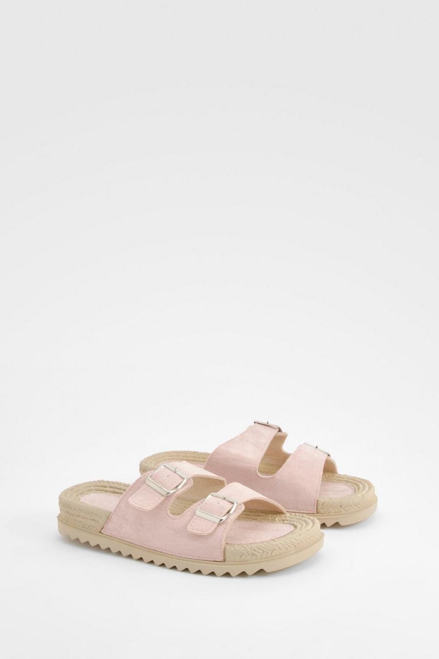 Rose Espadrille Slippers Met Dubbele Bandjes En Gesp Detail