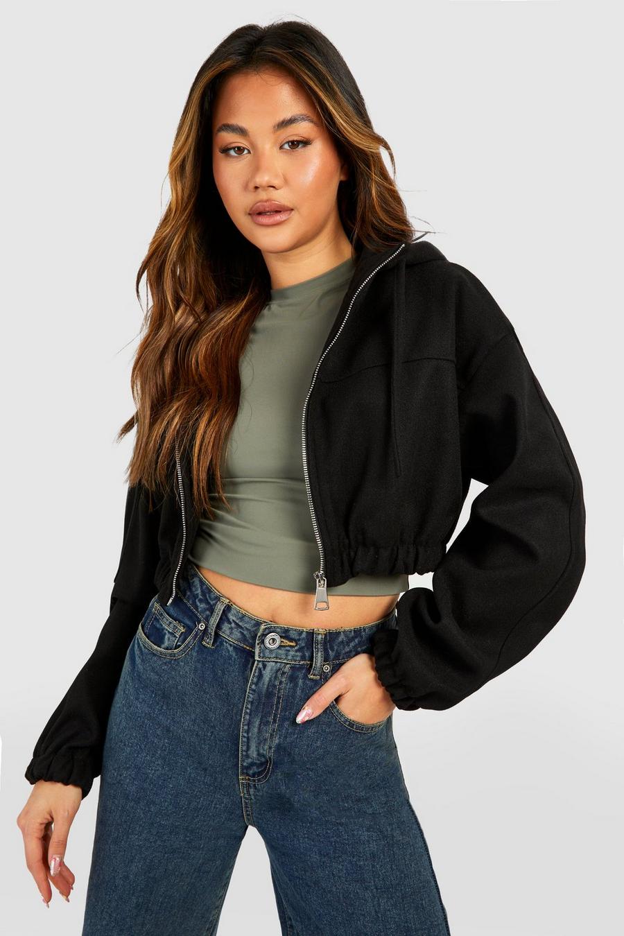 leather Cropped Hooded Wool Look Bomber Jacket 