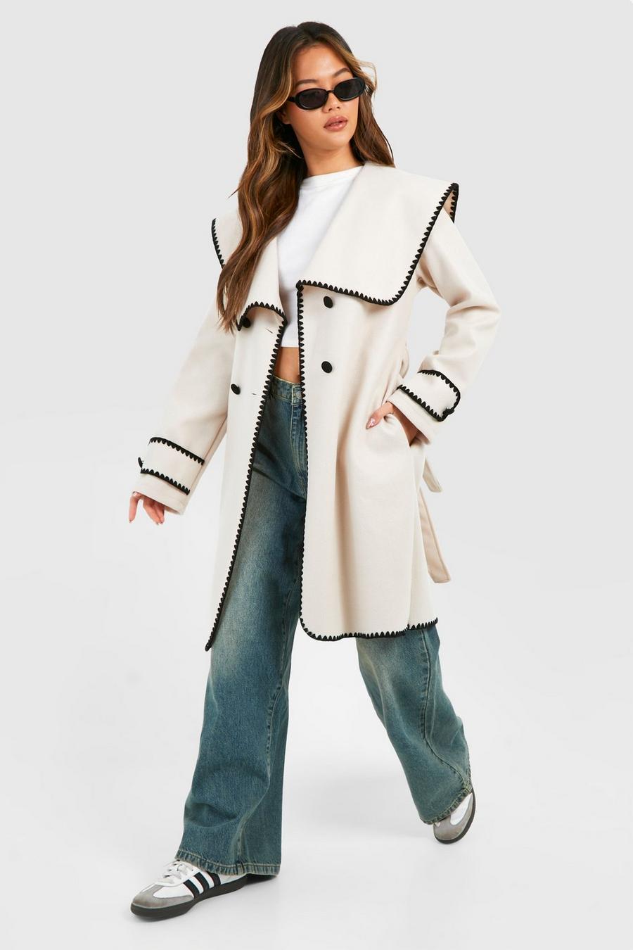Stone Blanket Stitch Belted Wool Look Coat image number 1