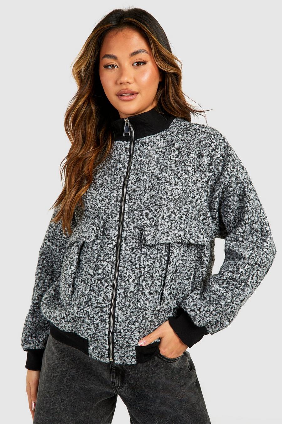 Grey marl Pocket Detail Textured Wool Look Bomber Jacket