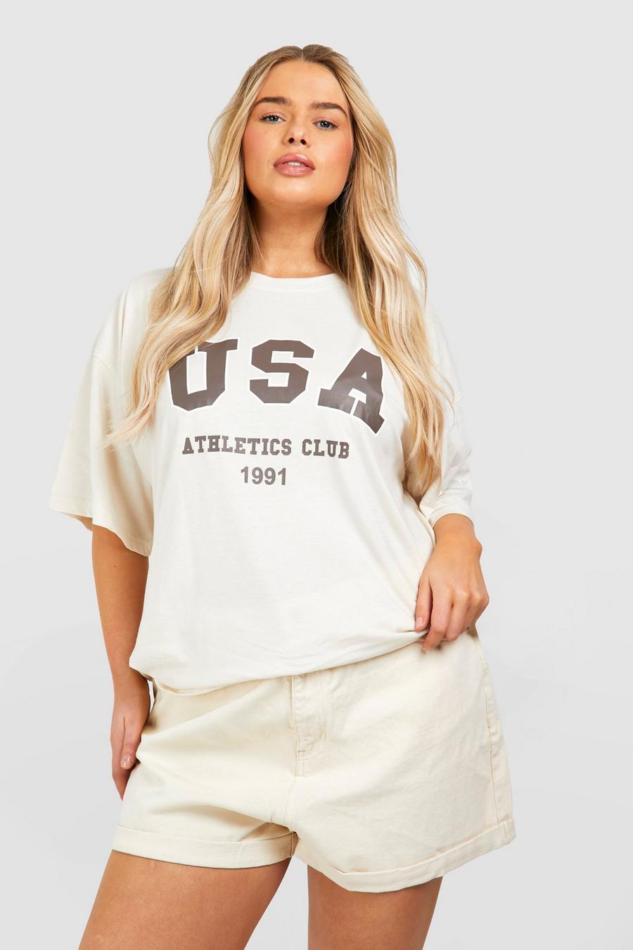 Camiseta Plus oversize con estampado USA, Stone image number 1