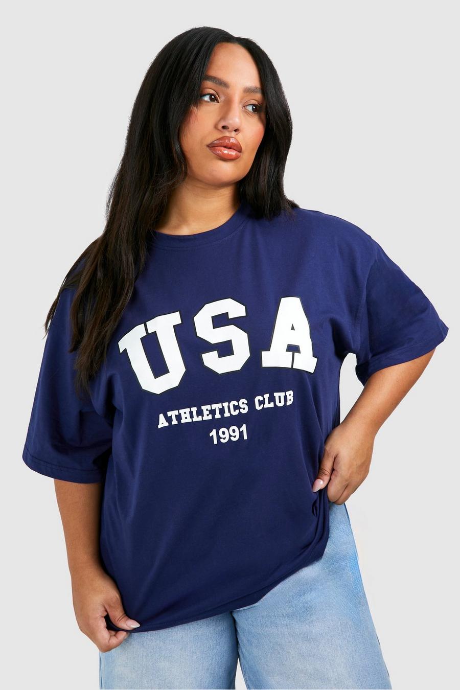 Camiseta Plus oversize con estampado USA, Navy