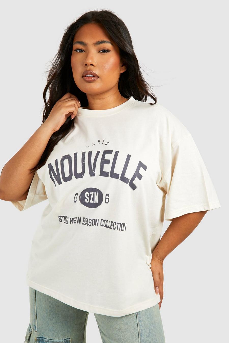 Camiseta Plus oversize con estampado Nouvelle, Stone