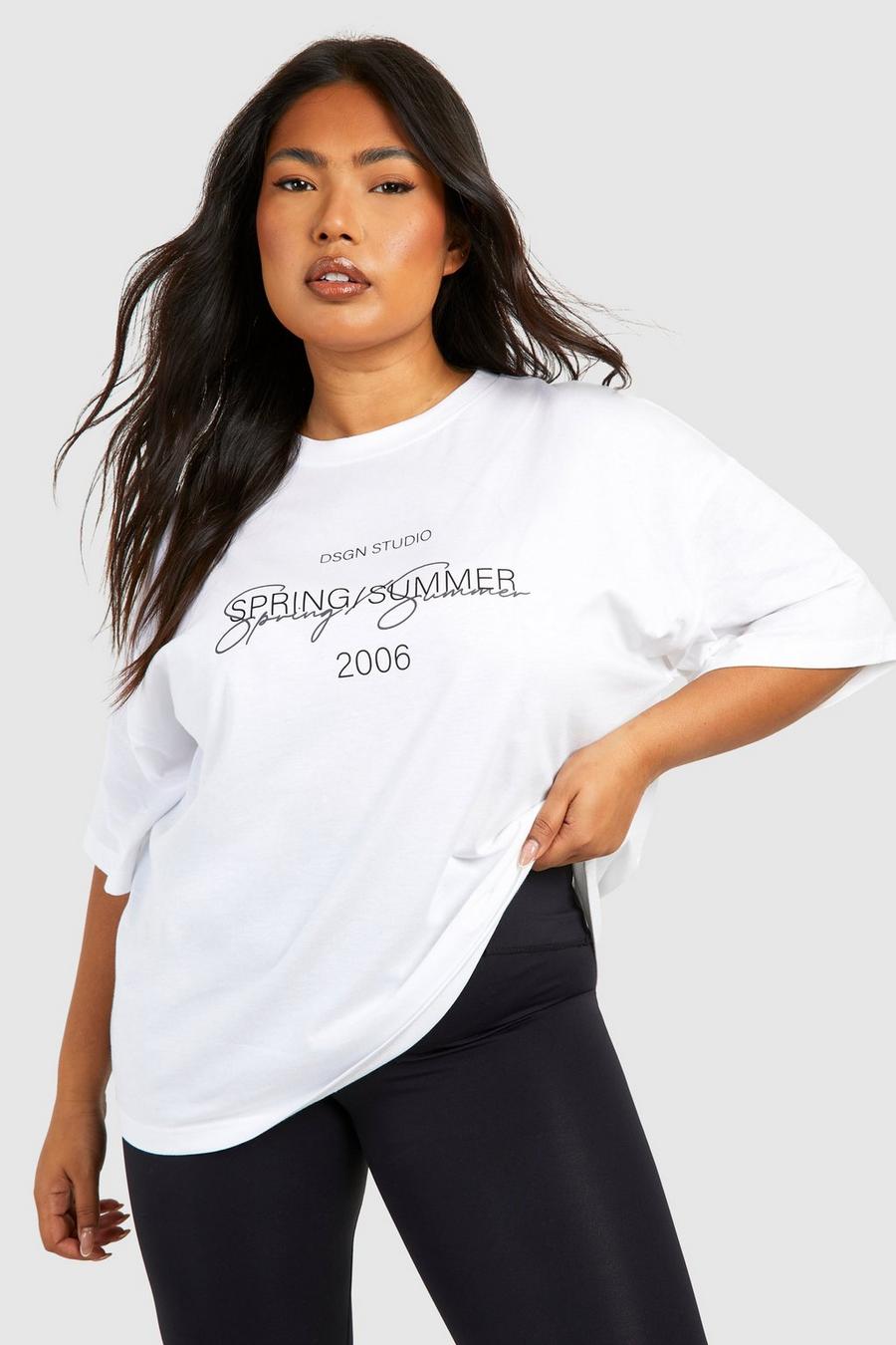 Plus Oversize T-Shirt mit Dsgn-Schriftzug, White