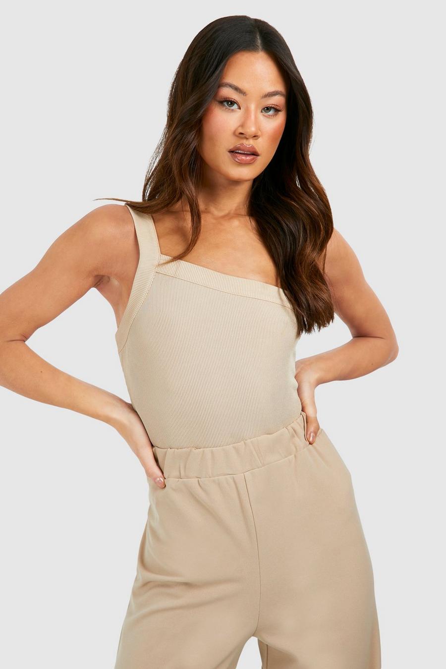 Stone Tall Ribbed One Shoulder Bodysuit  