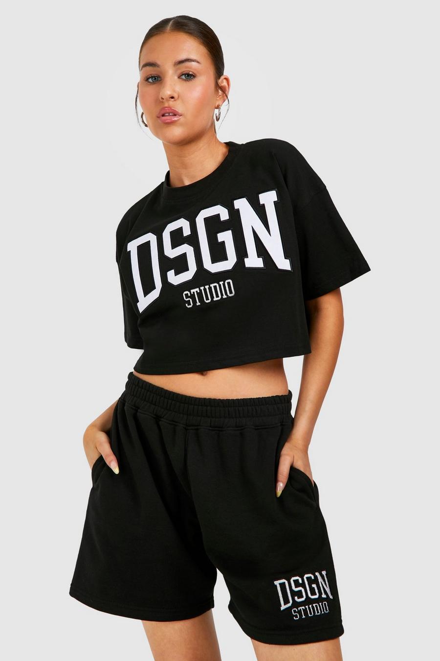 Conjunto de pantalón corto y camiseta crop con aplique Dsgn Studio, Black image number 1