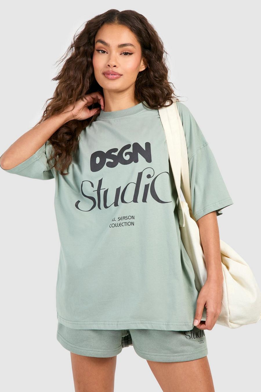Washed khaki Dsgn Studio Oversize t-shirt och shorts med tryck image number 1