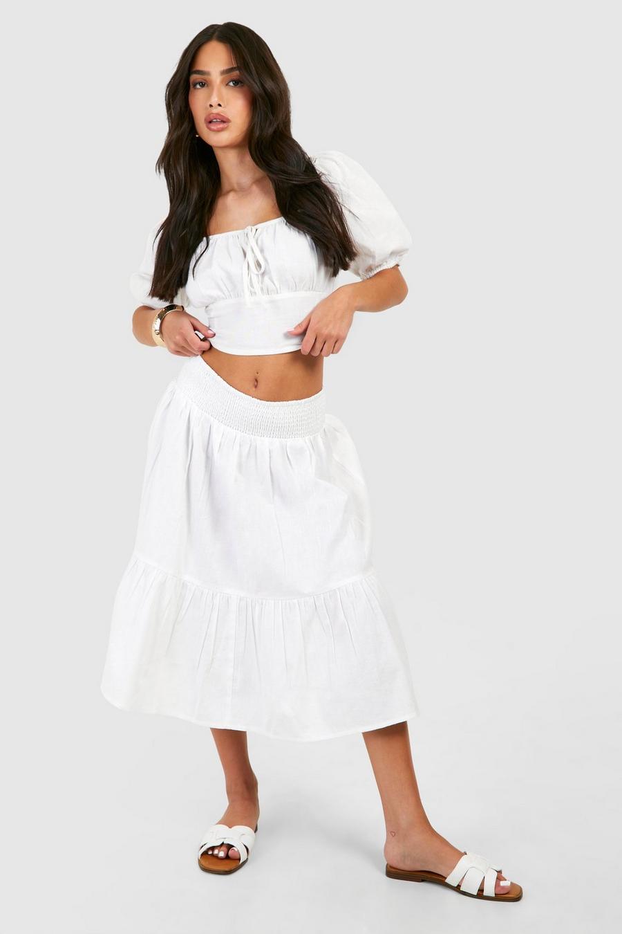 White Petite Shirred Waistband Woven Midi Skirt  image number 1