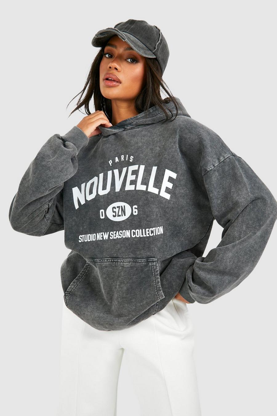 Charcoal Nouvelle Slogan Washed Oversized Hoodie  image number 1
