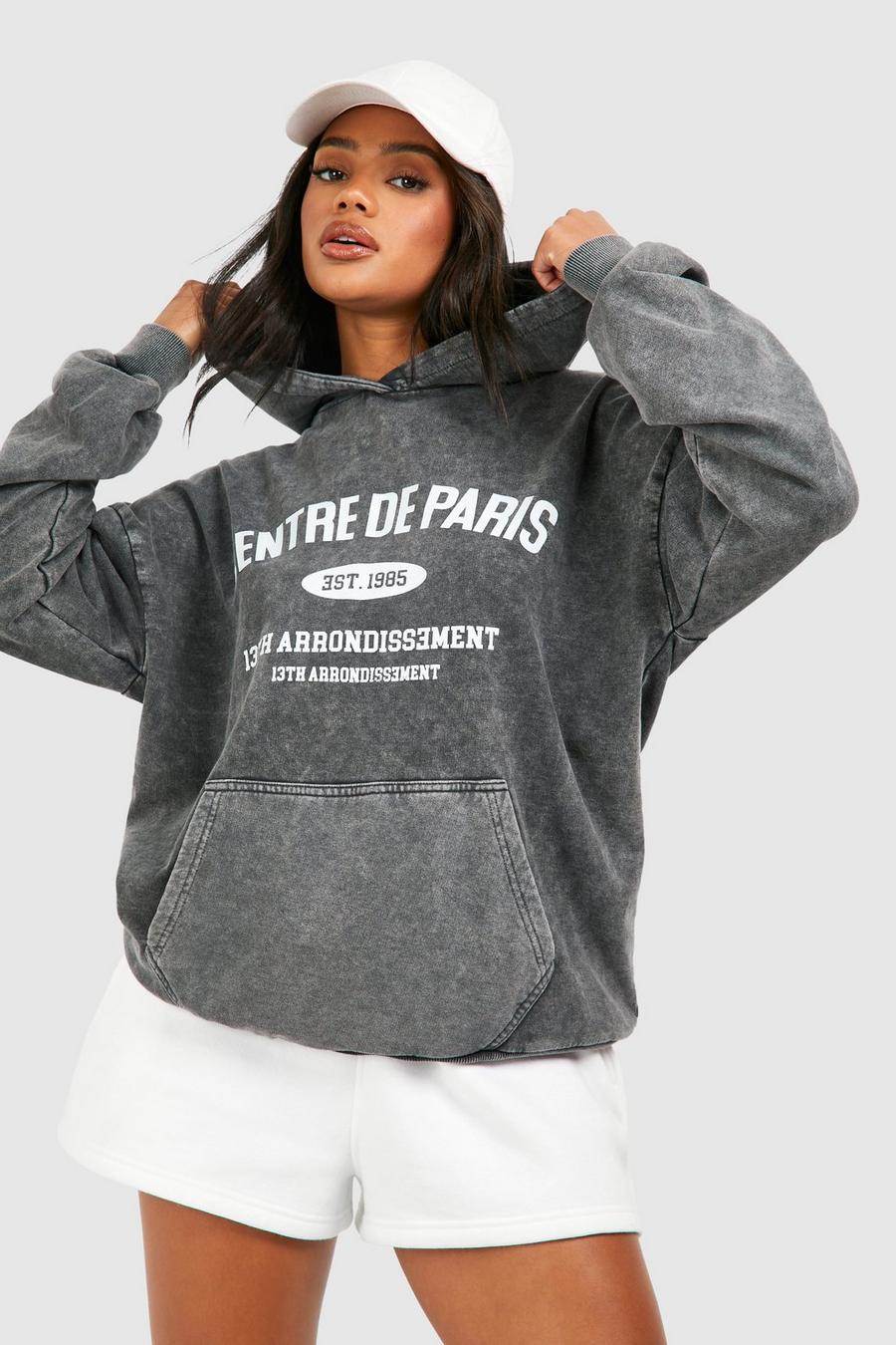 Charcoal Paris Slogan Washed Oversized Hoodie image number 1