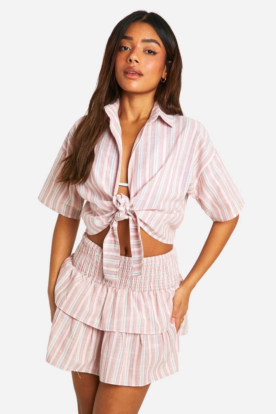 Pink Linen Look Stripe Tie Front Beach Shirt