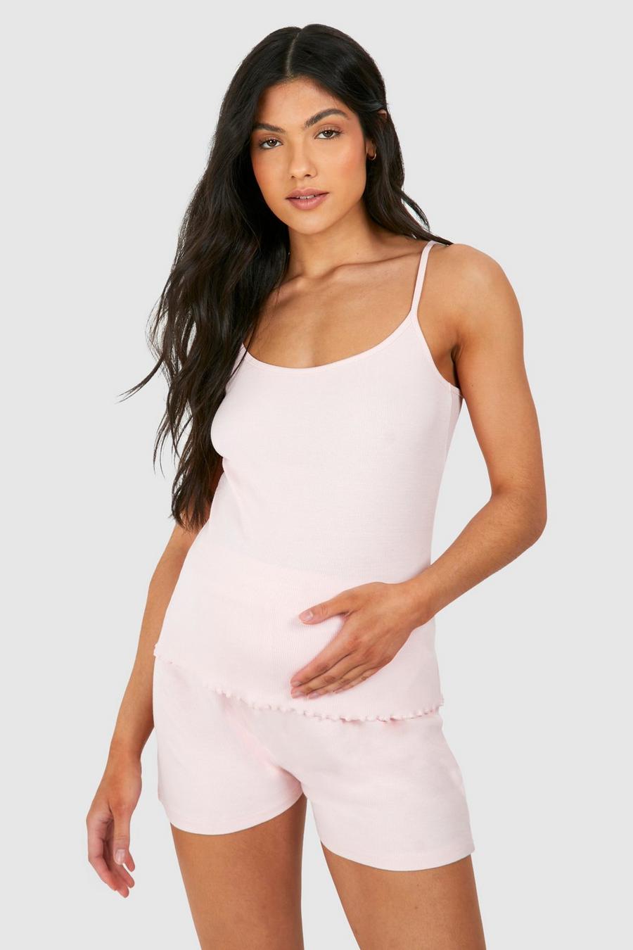 Pijama Premamá de pantalón corto y camisola de canalé con tirantes, Baby pink