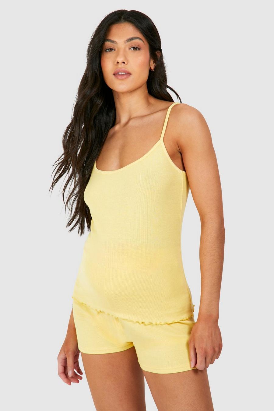 Yellow Maternity Ribbed Strappy Cami Pajama Short Set image number 1