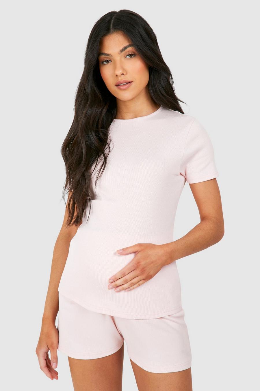 Baby pink Maternity Rib Lounge T-shirt And Short Set image number 1