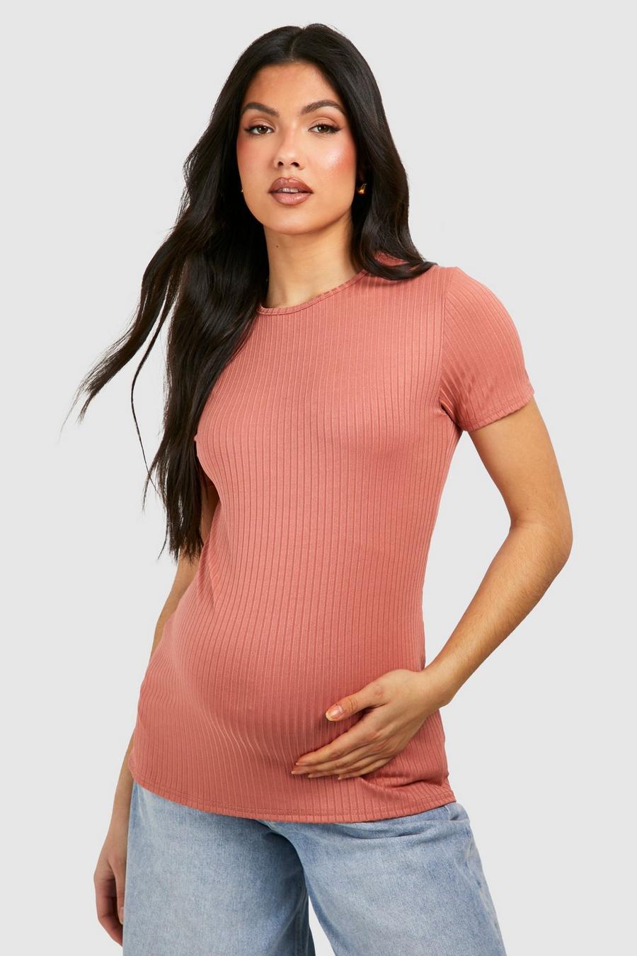 Maternité - T-shirt de grossesse côtelé à col ras-du-cou, Rose image number 1