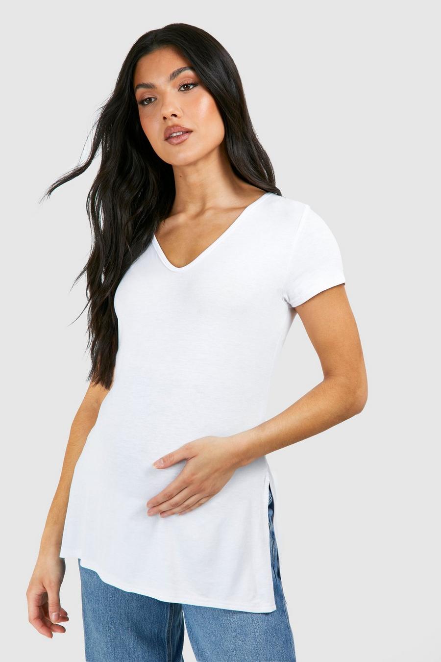 Camiseta Premamá de corte largo con abertura en el bajo, White