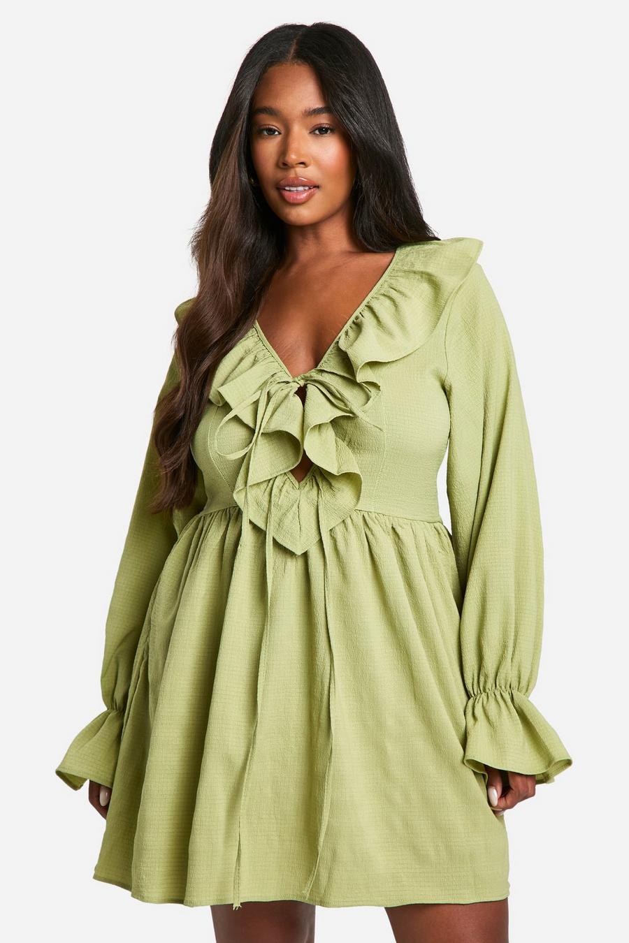 Olive Plus Textured Woven Frill Skater Dress  image number 1