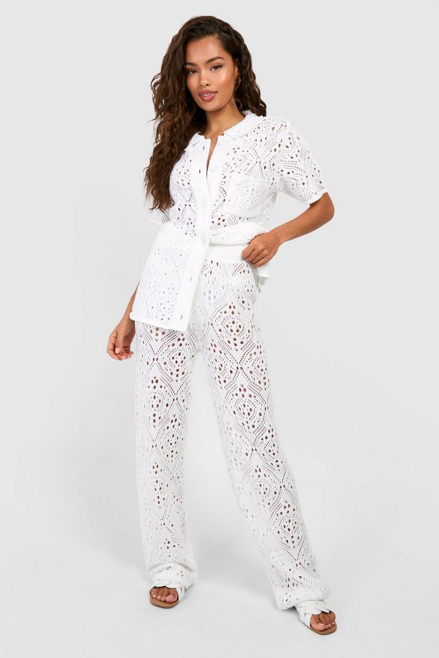 White Crochet Knitted Shirt Co-ord